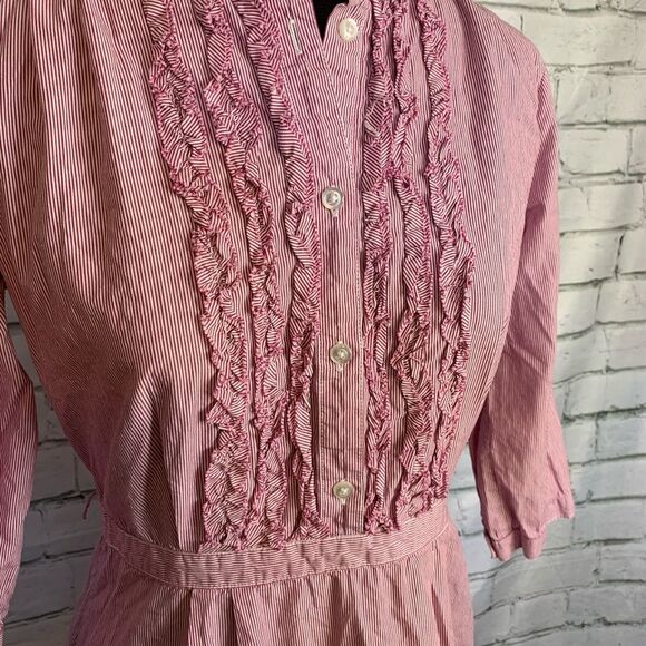 Gap Red Striped Dress with Ruffle Button Up Bodice Long Sleeve Size 8 - Picture 3 of 9